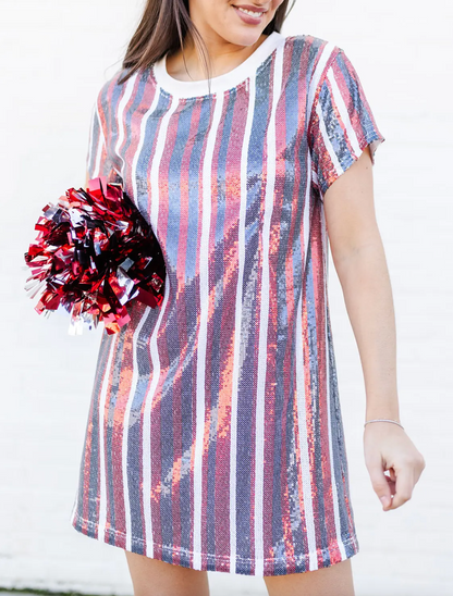 Sequin Stripe Shirt Dress, Red & Blue