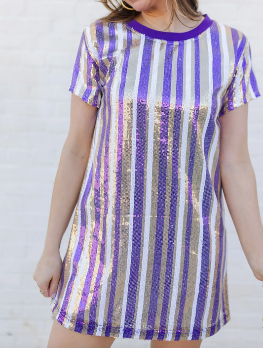 Sequin Stripe Shirt Dress, Purple & Gold