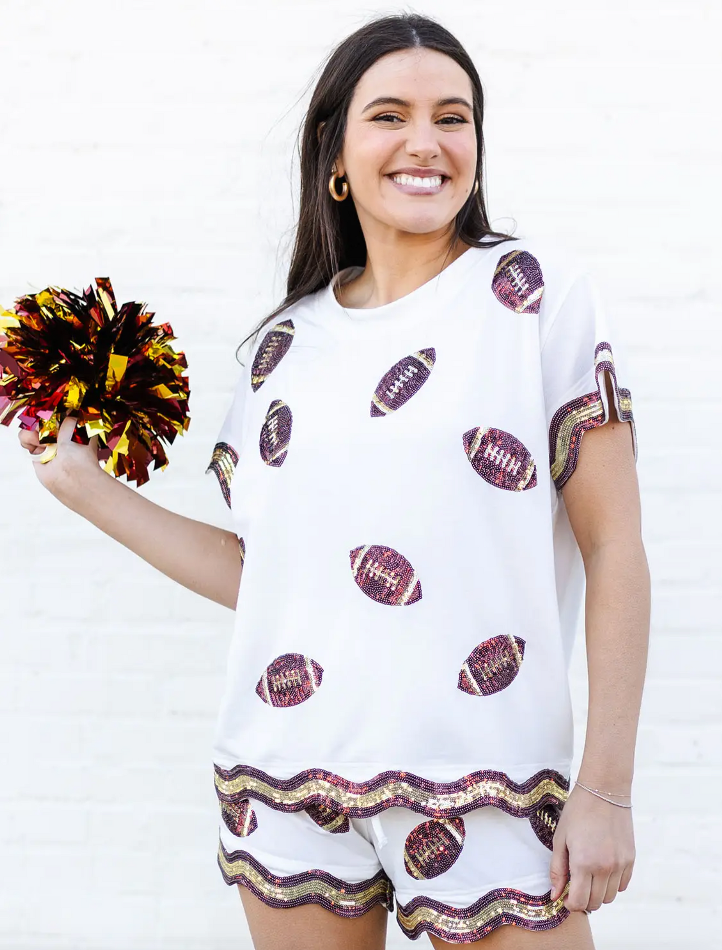 Sequin Football Shorts Set, Garnet & Gold