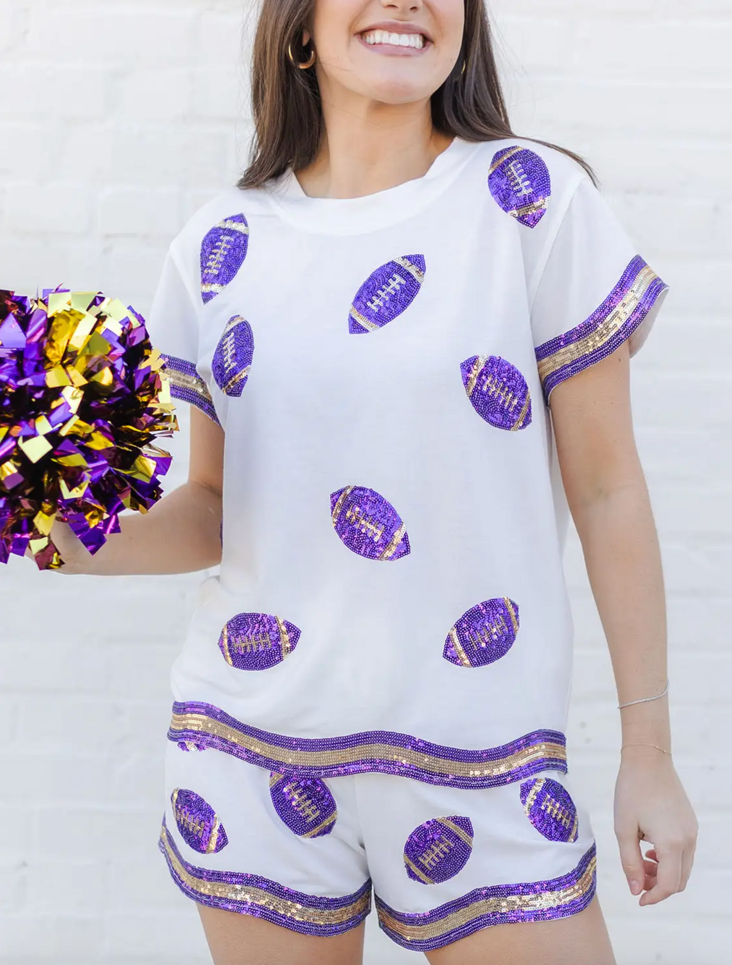 Sequin Football Shorts Set, Purple & Gold