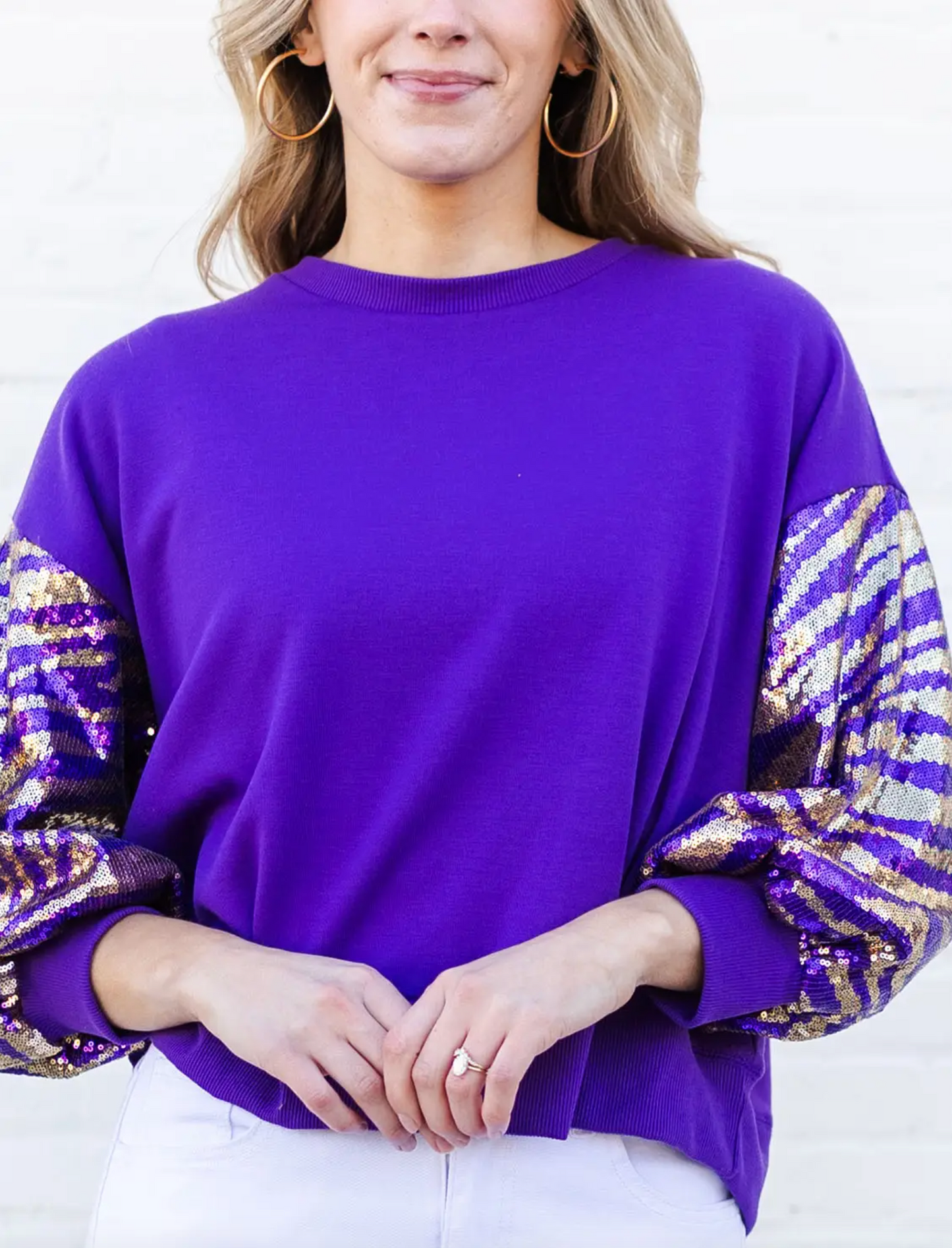 Sequin Tiger Stripe Sleeve Sweatshirt, Purple & Gold