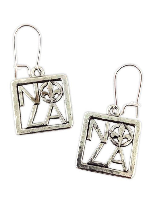 Square NOLA Fleur de Lis Earrings, Silver