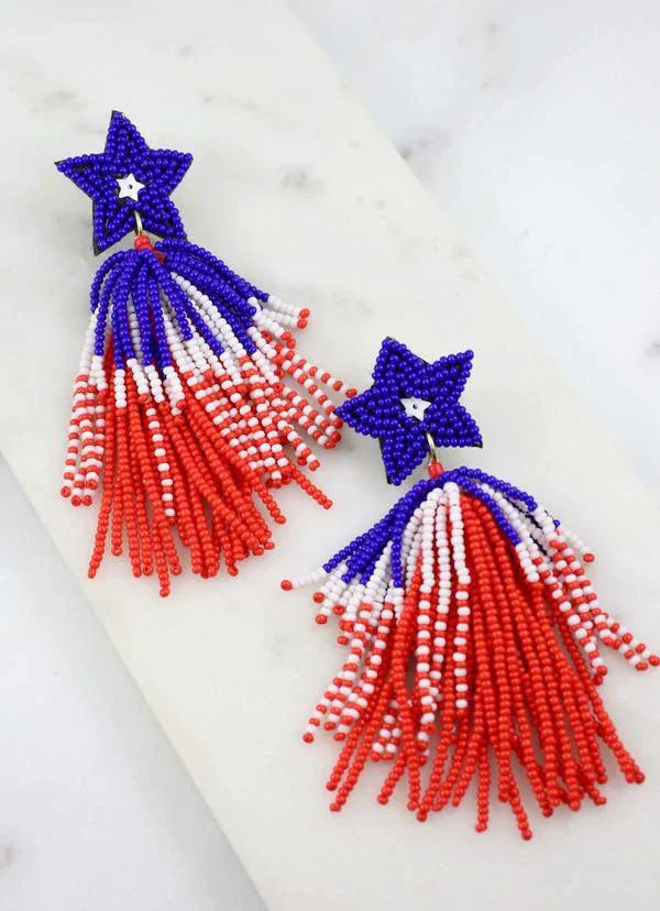 Beaded Patriotic Star Tassel Earrings
